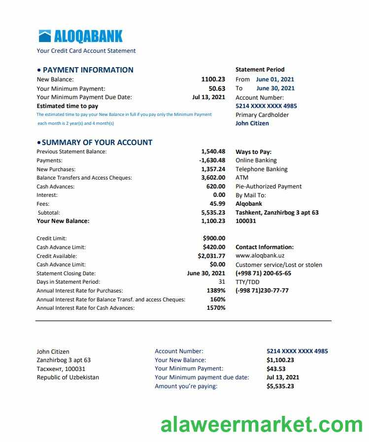 Uzbekistan Aloqabank excel pdf